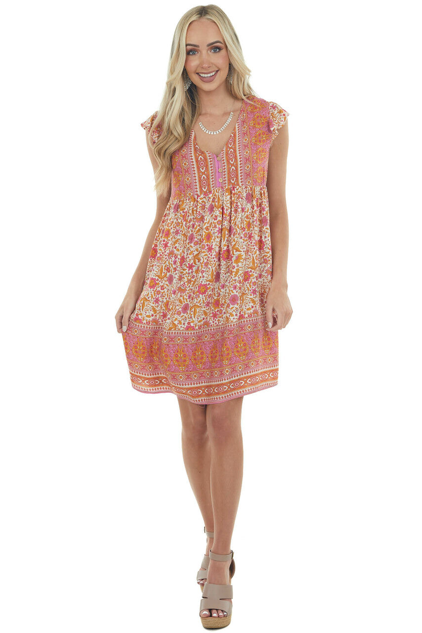 Watermelon and Marigold Print Button Front Dress