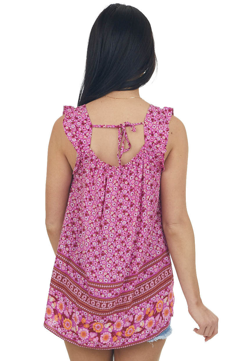 Fuchsia Floral Print Sleeveless A Line Blouse
