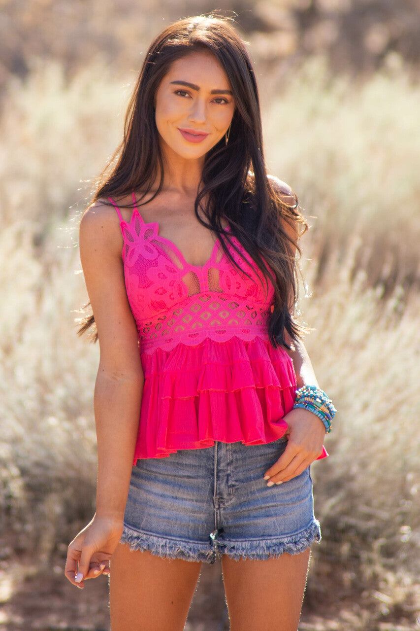 Fuchsia Lace Peplum Ruffled Tank with Criss Cross Straps