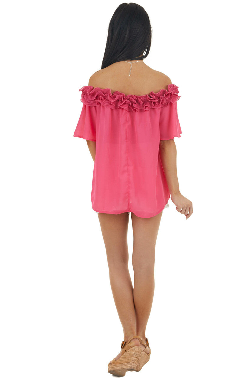 Fuchsia Off the Shoulder Short Sleeve Top with Ruffle Detail