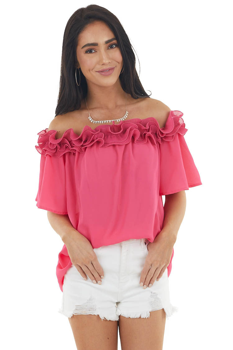 Fuchsia Off the Shoulder Short Sleeve Top with Ruffle Detail