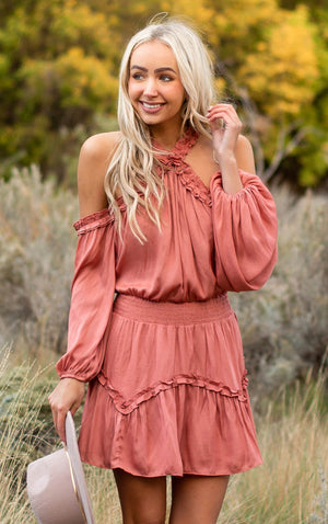 Ginger Frilled Cold Shoulder Silky Short Dress