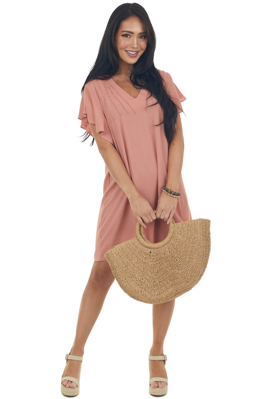 Ginger Pintuck Flutter Sleeve Shift Dress