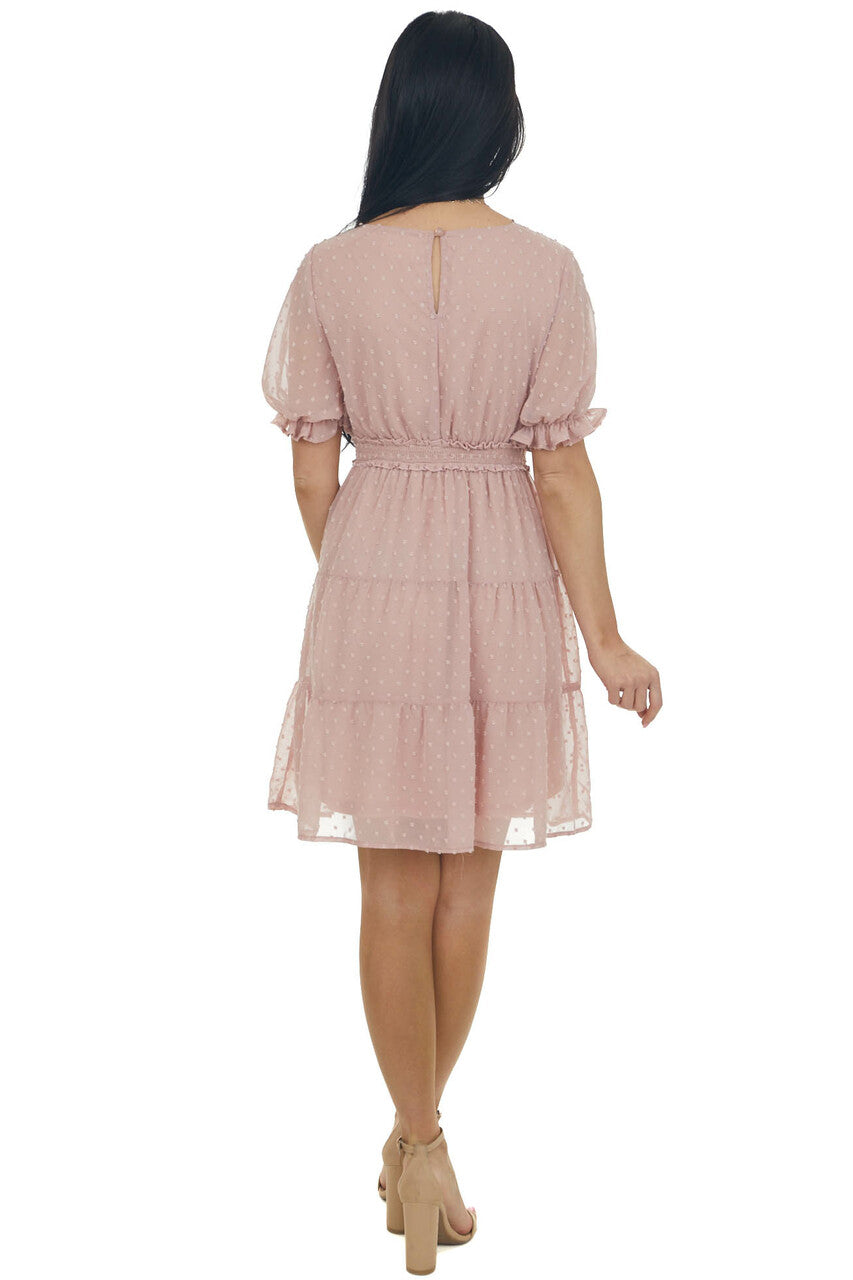 Dusty Blush Puff Sleeve Tiered Swiss Dot Mini Dress