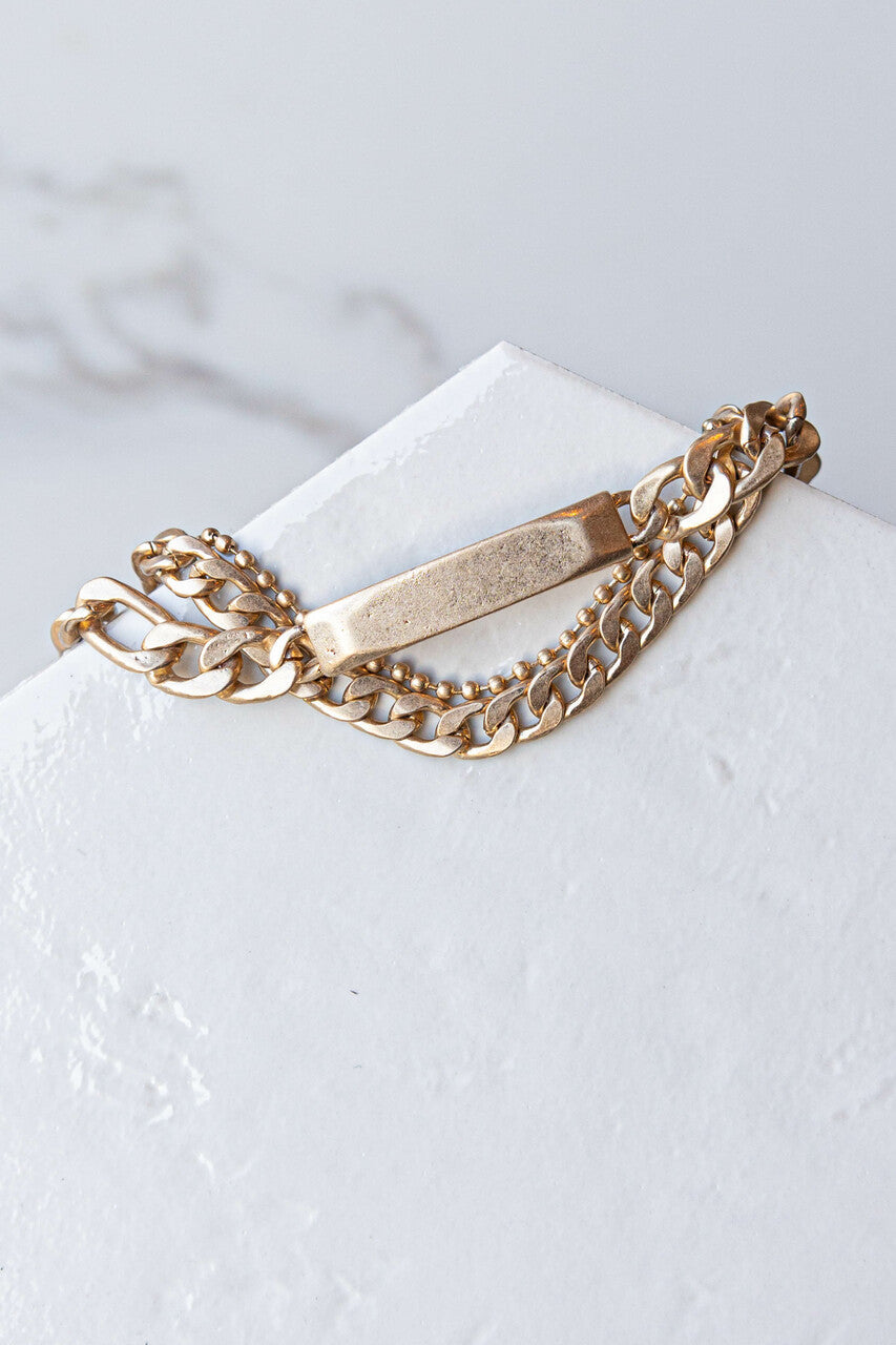Gold 3 Layer Flat Chain Bar Detail Bracelet