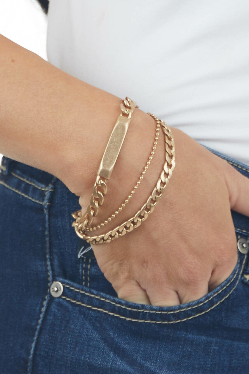 Gold 3 Layer Flat Chain Bar Detail Bracelet