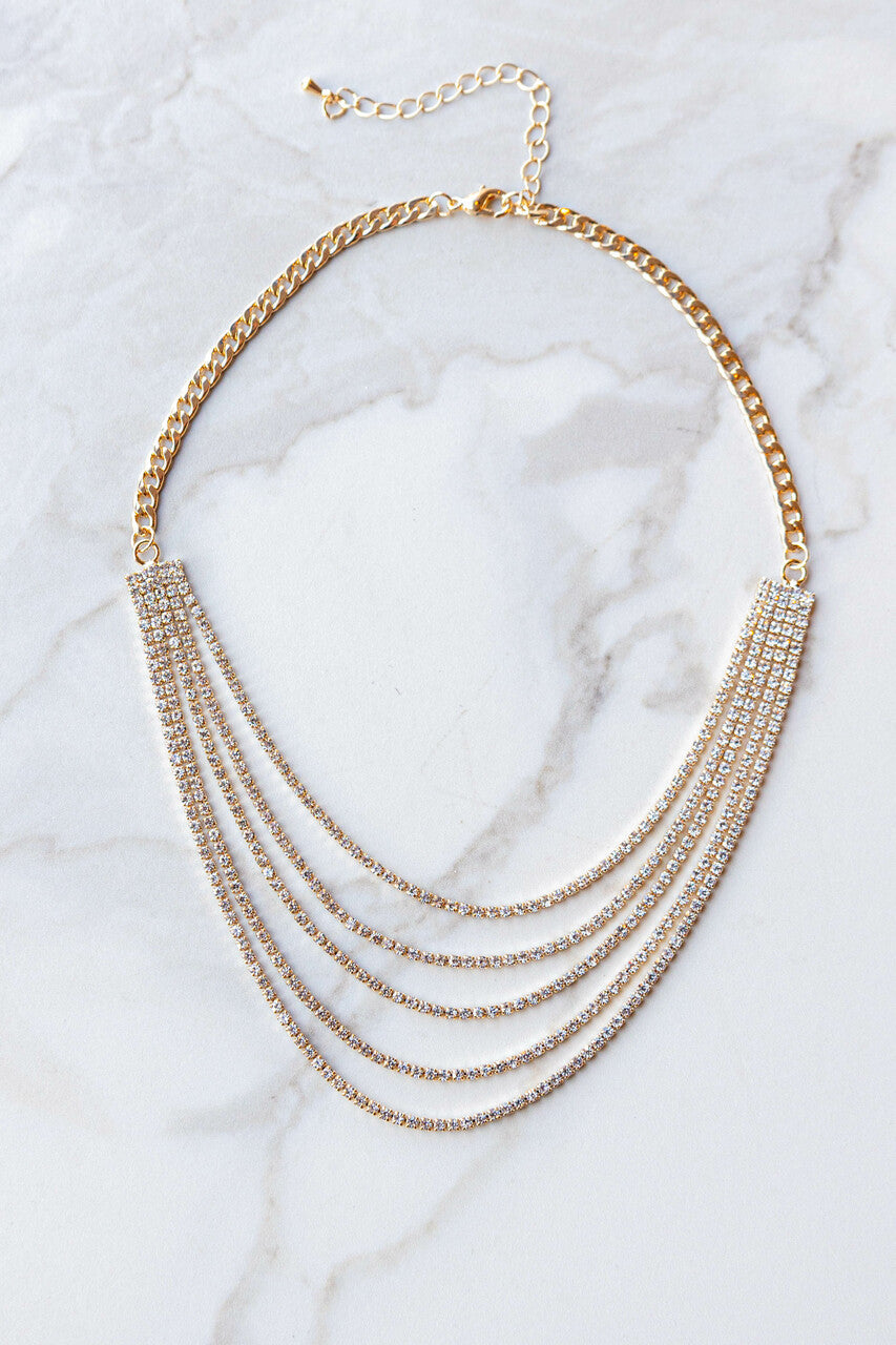 Gold Five Layer Cubed Rhinestone Necklace