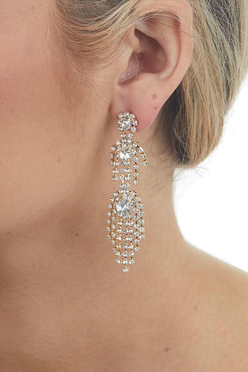 Gold Rhinestone Fringe Chandelier Earrings