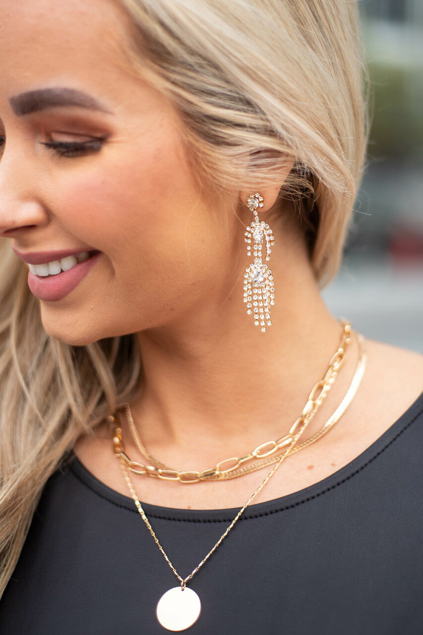 Gold Rhinestone Fringe Chandelier Earrings