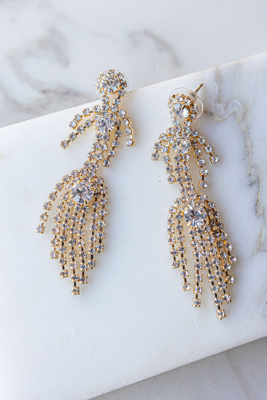 Gold Rhinestone Fringe Chandelier Earrings