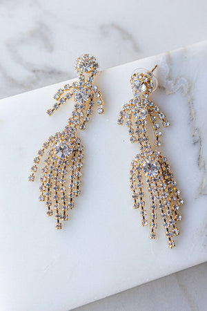 Gold Rhinestone Fringe Chandelier Earrings
