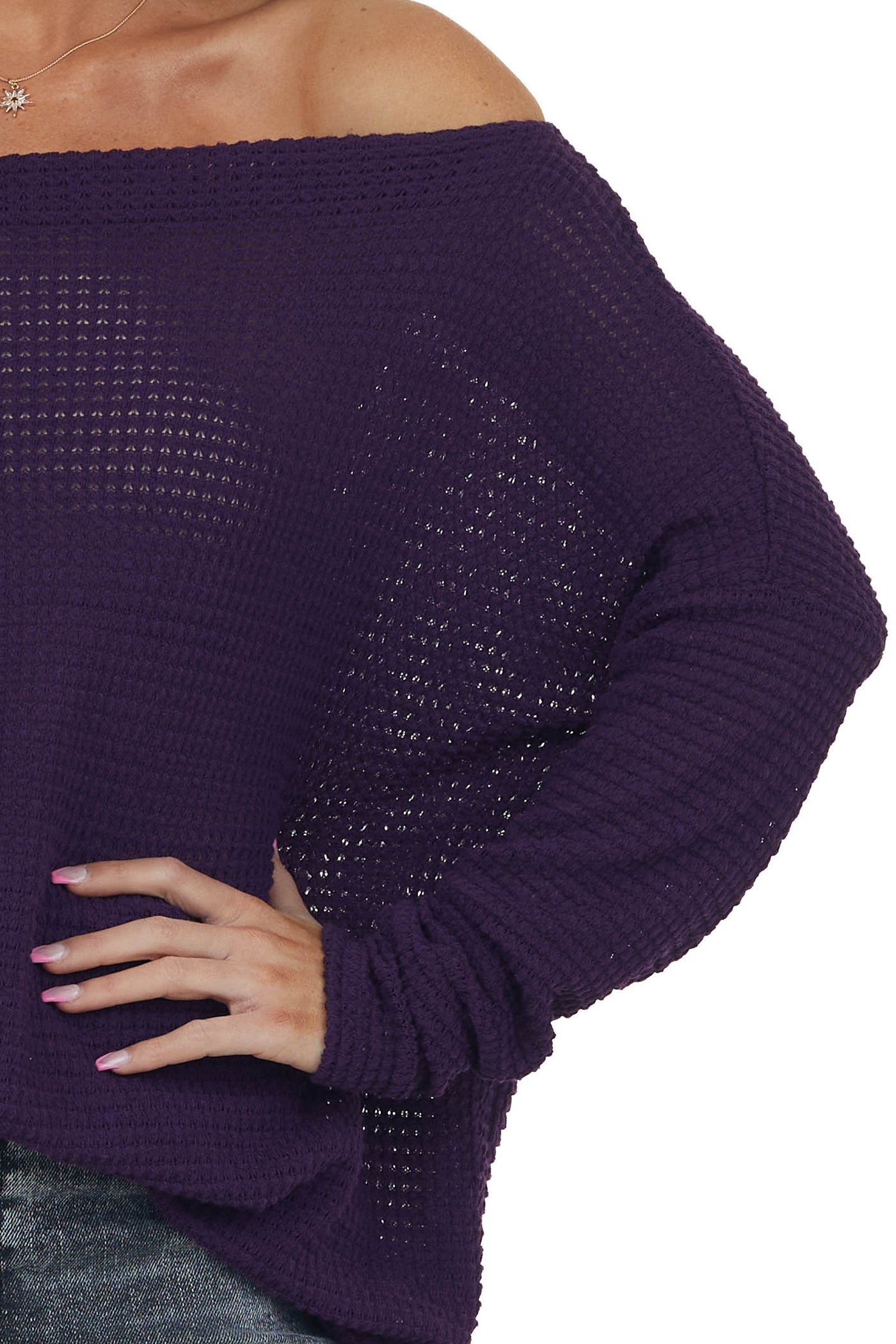 Grape Off Shoulder Long Sleeve Waffle Top