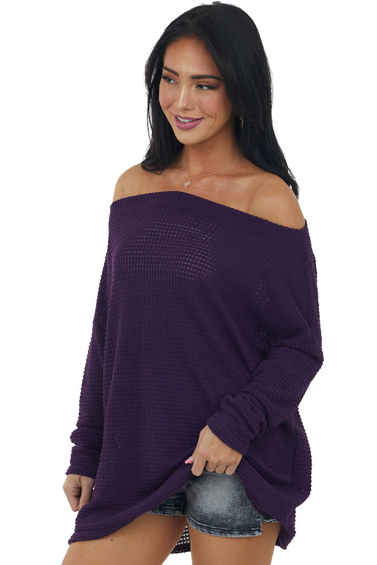 Grape Off Shoulder Long Sleeve Waffle Top