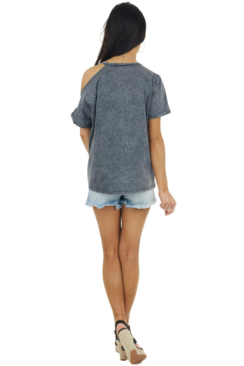 Graphite Mineral Washed Short Sleeve Cold Shoulder Knit Tee