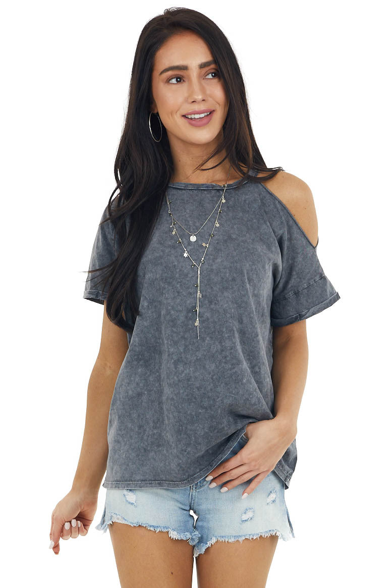 Graphite Mineral Washed Short Sleeve Cold Shoulder Knit Tee