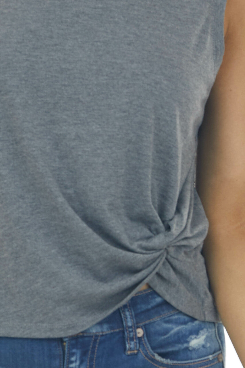 Graphite Muscle Knit Tee with Twist Detail