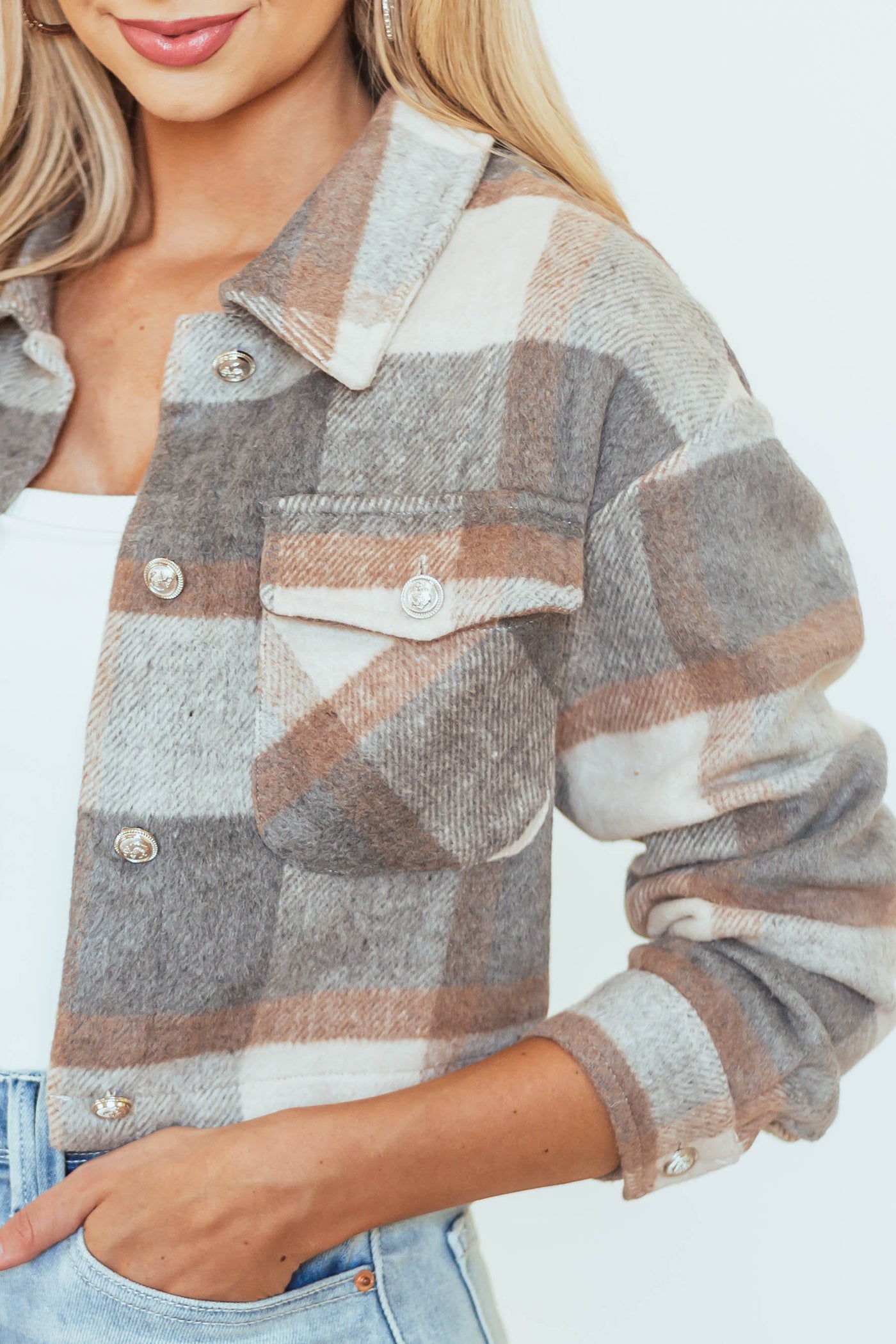 Graphite Plaid Button Up Long Sleeve Crop Jacket