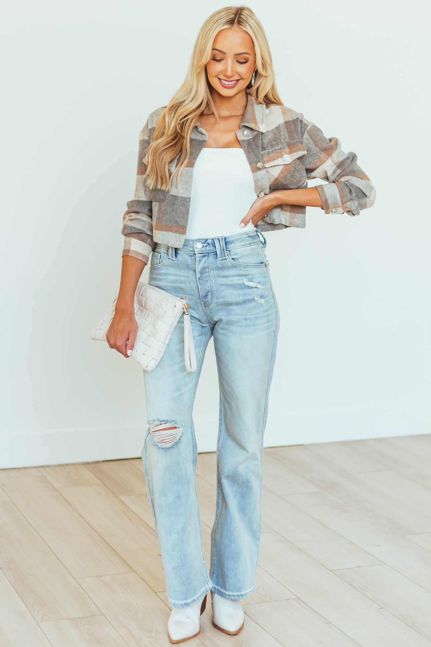 Graphite Plaid Button Up Long Sleeve Crop Jacket