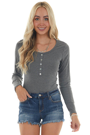 Graphite Ribbed Knit Long Sleeve Bodysuit