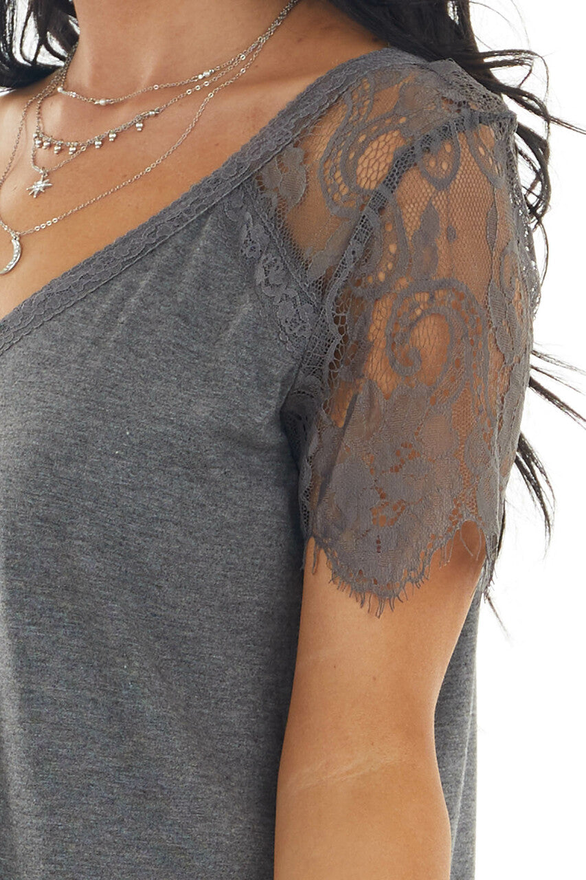 Graphite Short Sleeve V Neck Knit Top with Lace Details 