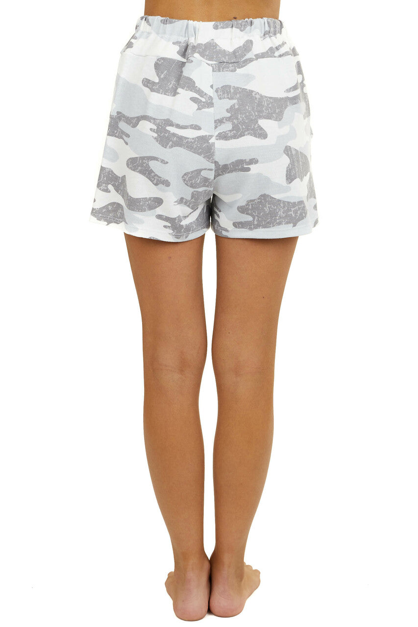 Grey Camo Print Knit Shorts with Waist Tie and Pockets 