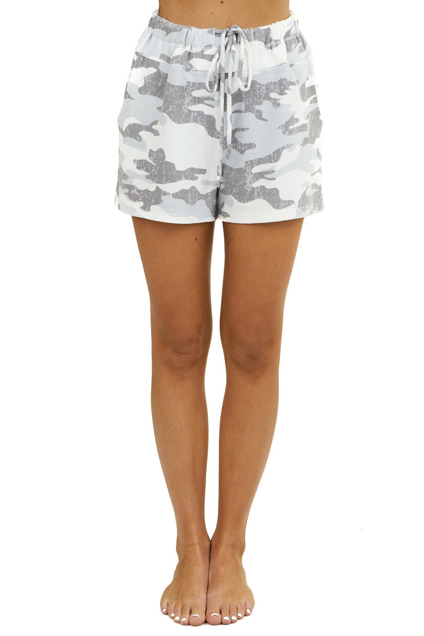 Grey Camo Print Knit Shorts with Waist Tie and Pockets 