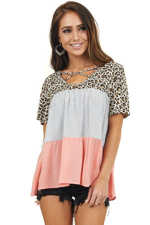 Grey Coral and Leopard Print Top with Criss Cross Neckline