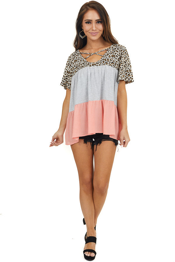 Grey Coral and Leopard Print Top with Criss Cross Neckline