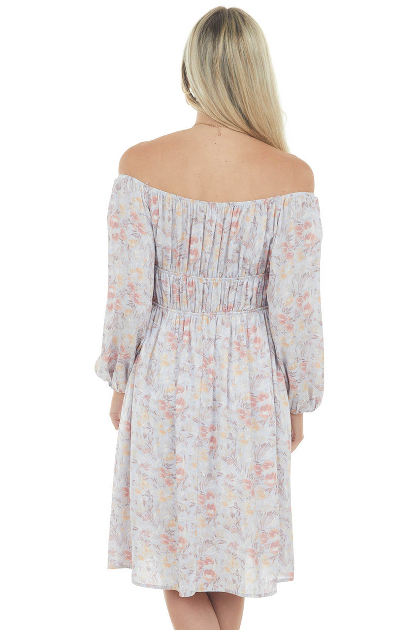 Hazy Blue Floral Elastic Off Shoulder Dress 