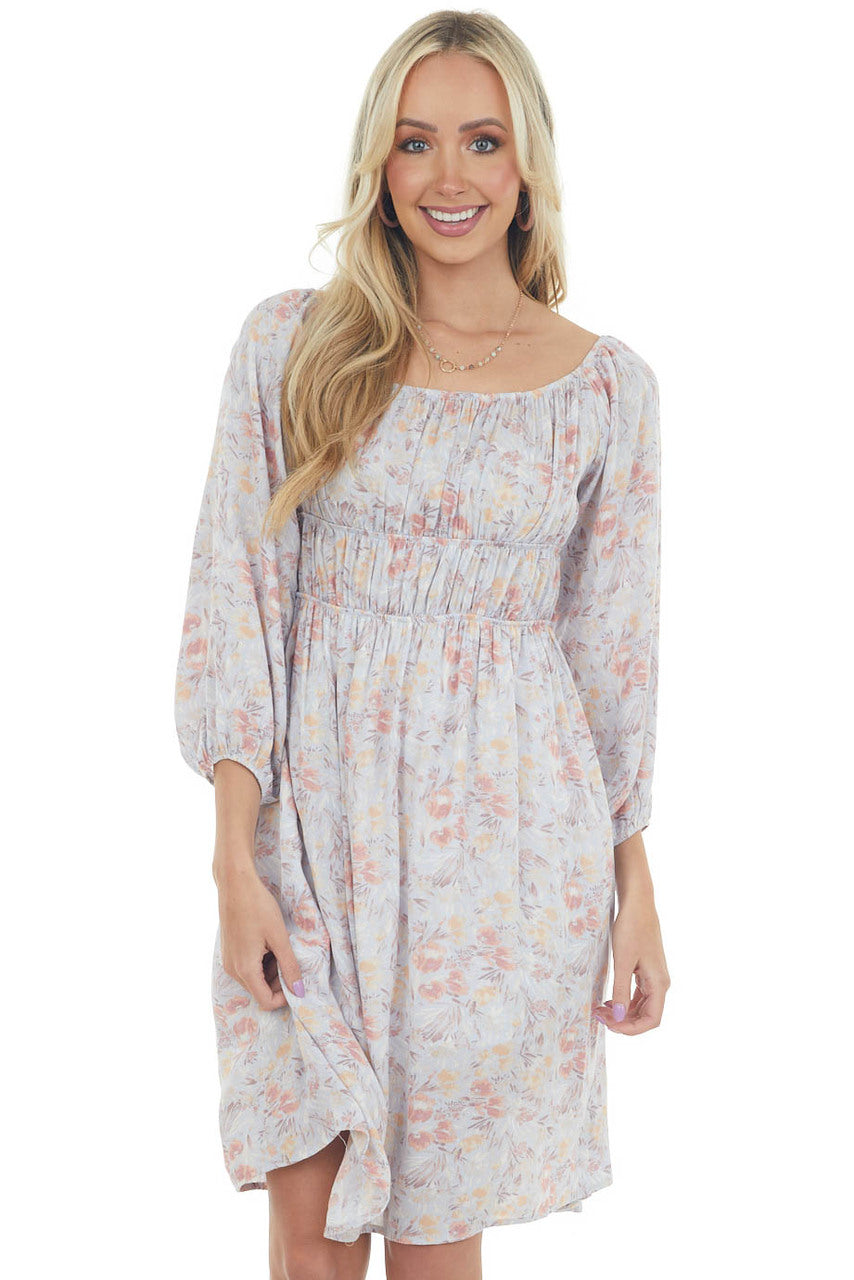 Hazy Blue Floral Elastic Off Shoulder Dress 