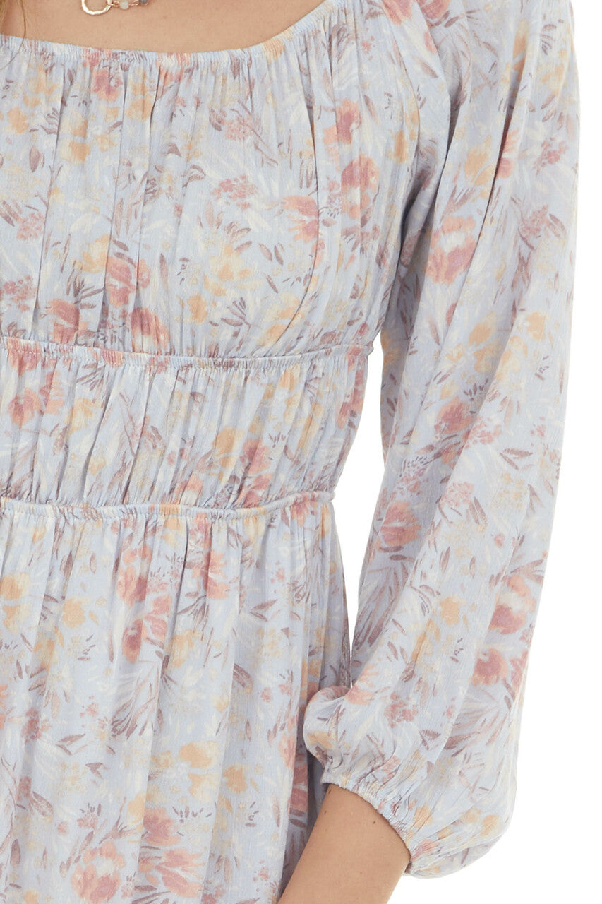 Hazy Blue Floral Elastic Off Shoulder Dress 