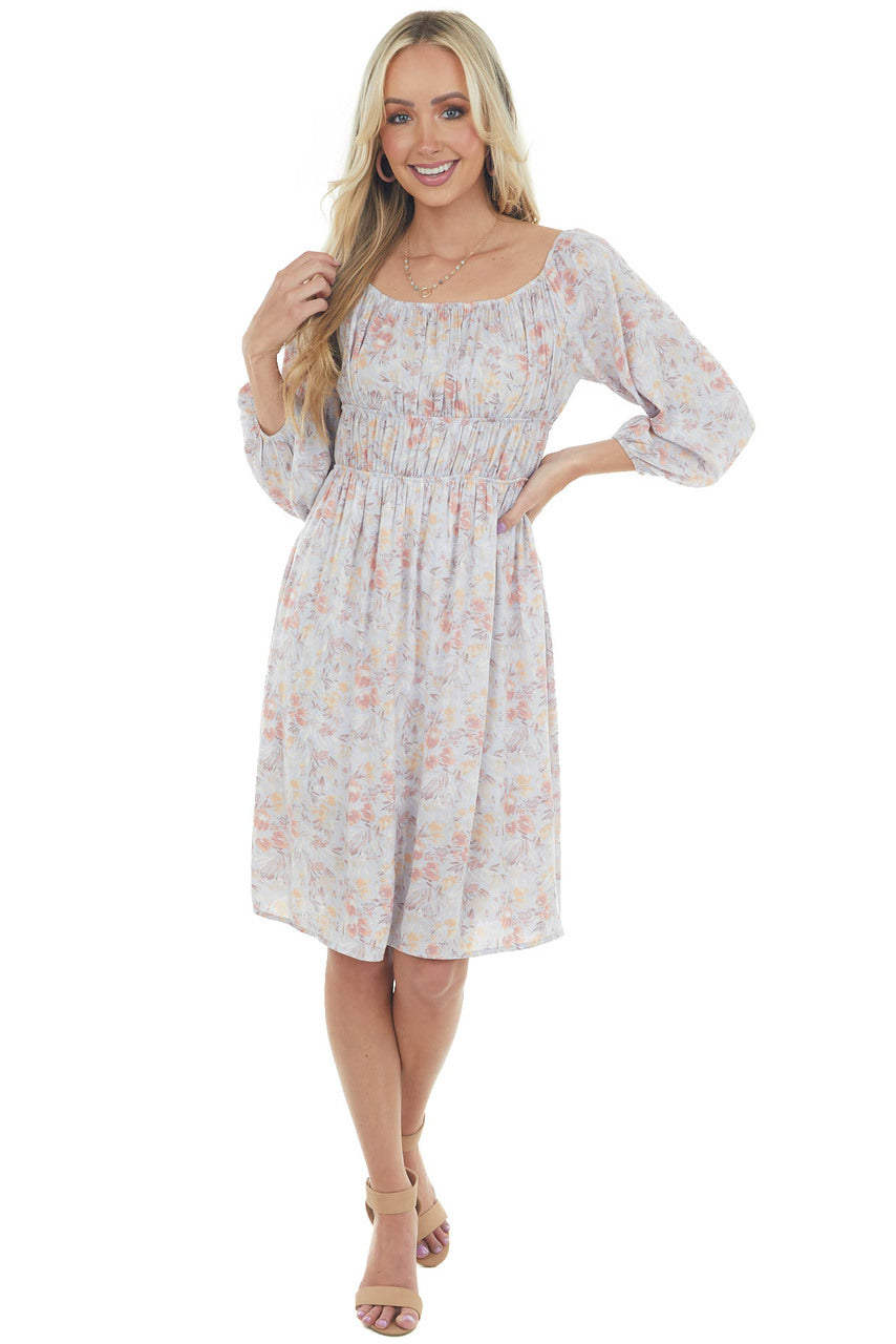 Hazy Blue Floral Elastic Off Shoulder Dress 