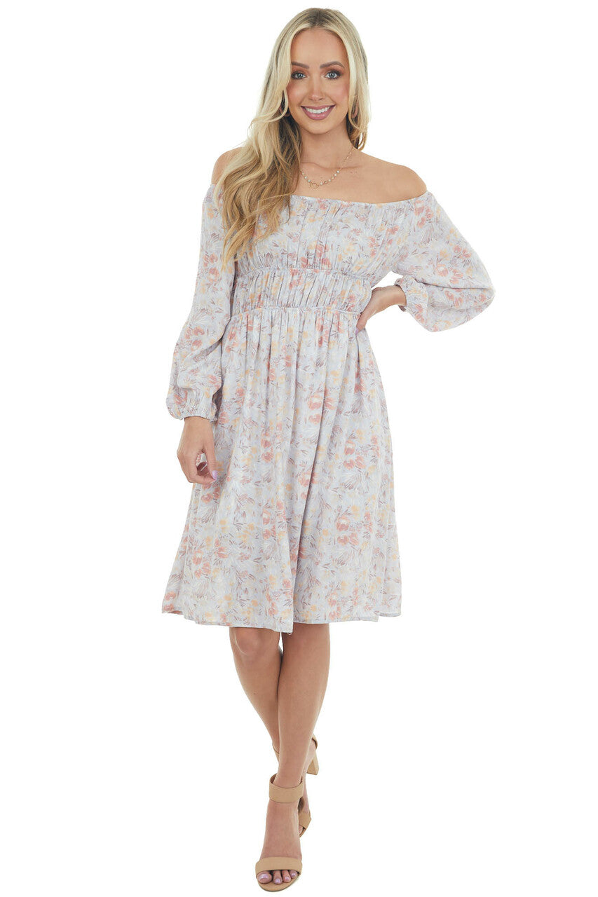 Hazy Blue Floral Elastic Off Shoulder Dress 