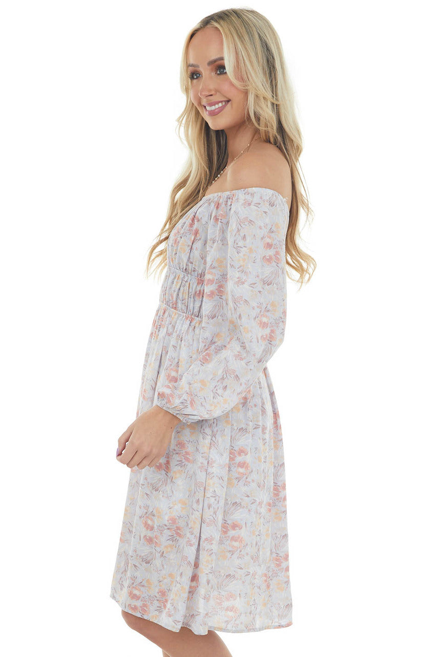 Hazy Blue Floral Elastic Off Shoulder Dress 