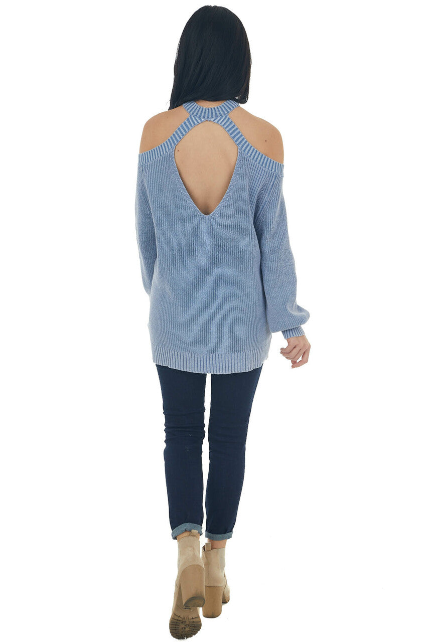 Hazy Blue Mineral Washed Cold Shoulder Sweater