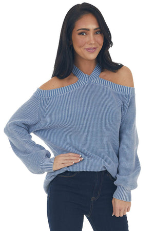 Hazy Blue Mineral Washed Cold Shoulder Sweater