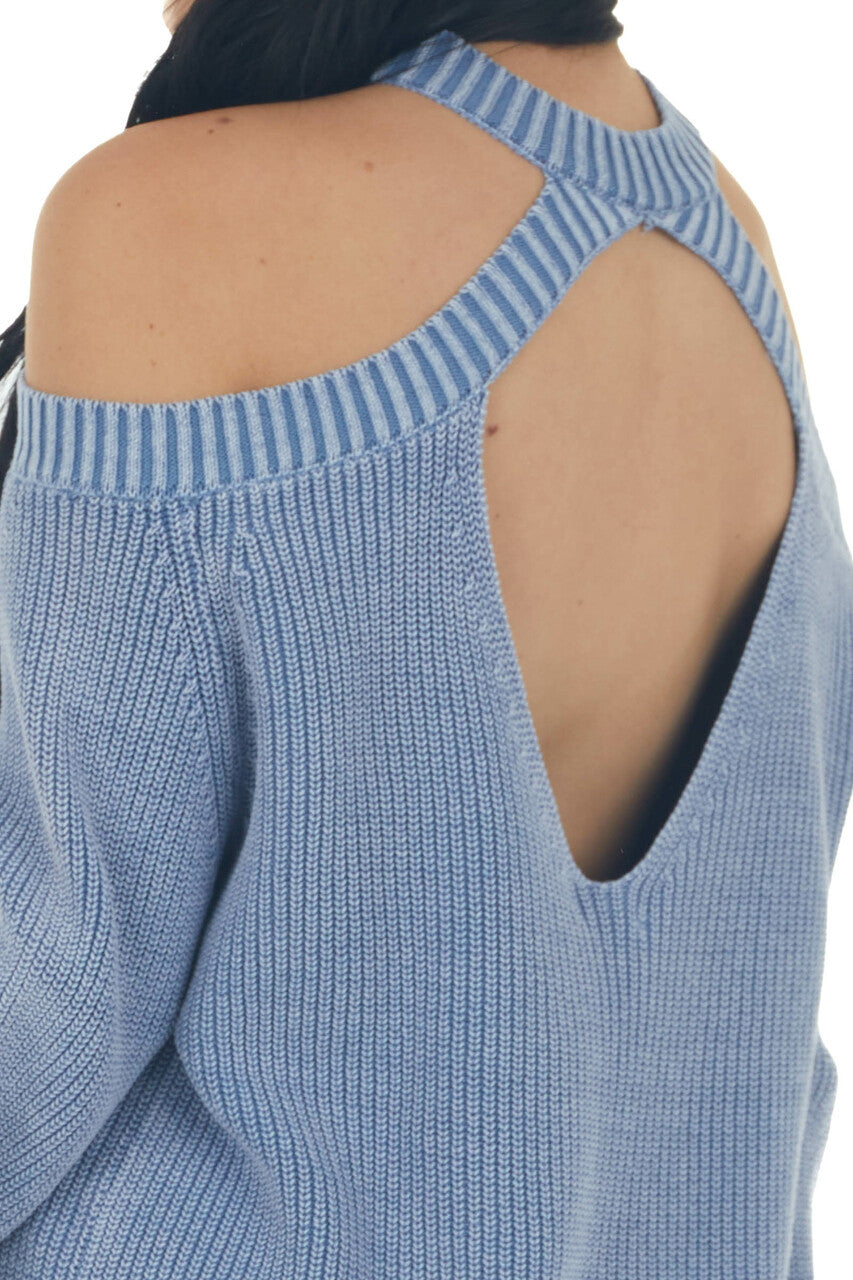 Hazy Blue Mineral Washed Cold Shoulder Sweater