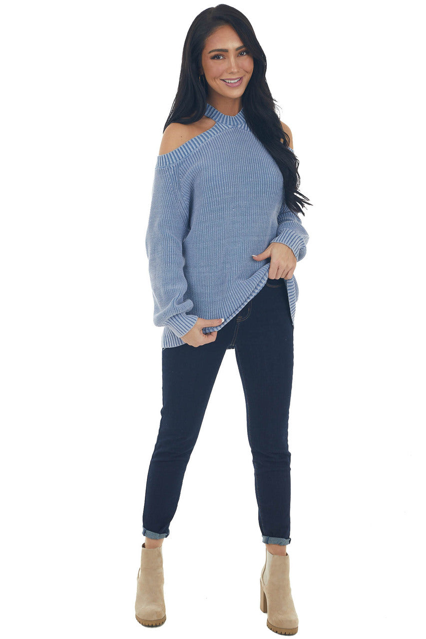 Hazy Blue Mineral Washed Cold Shoulder Sweater