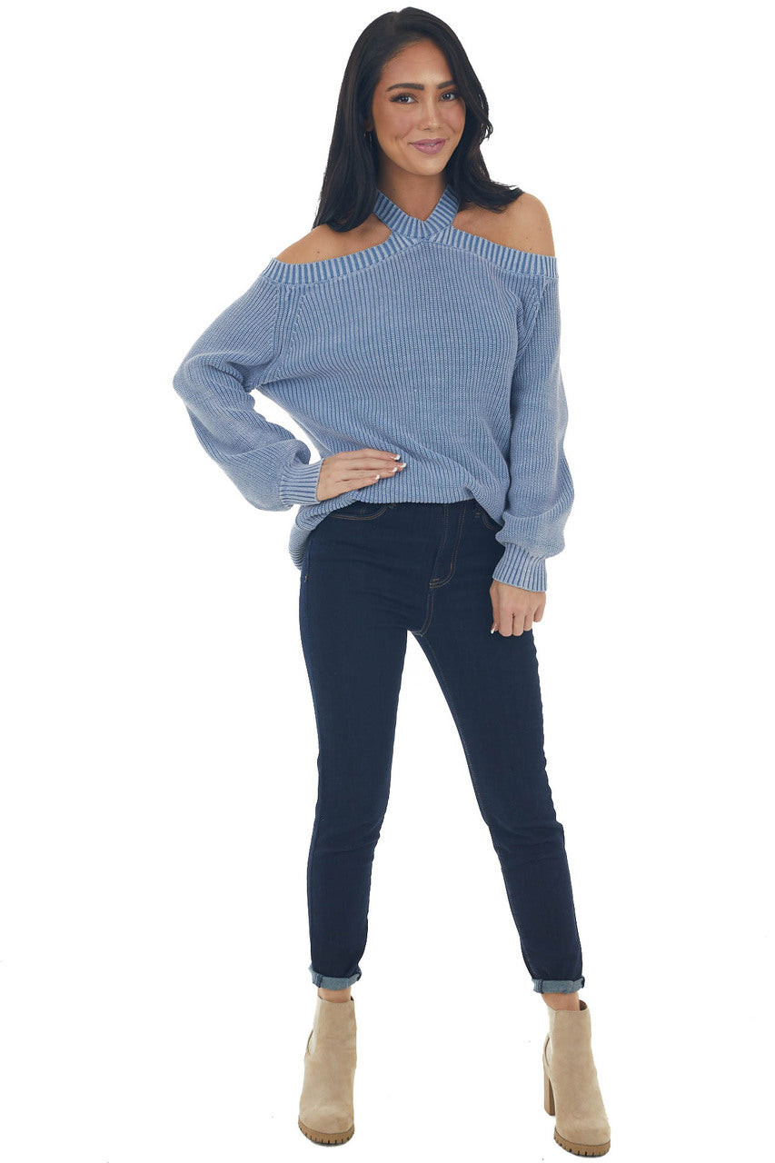 Hazy Blue Mineral Washed Cold Shoulder Sweater