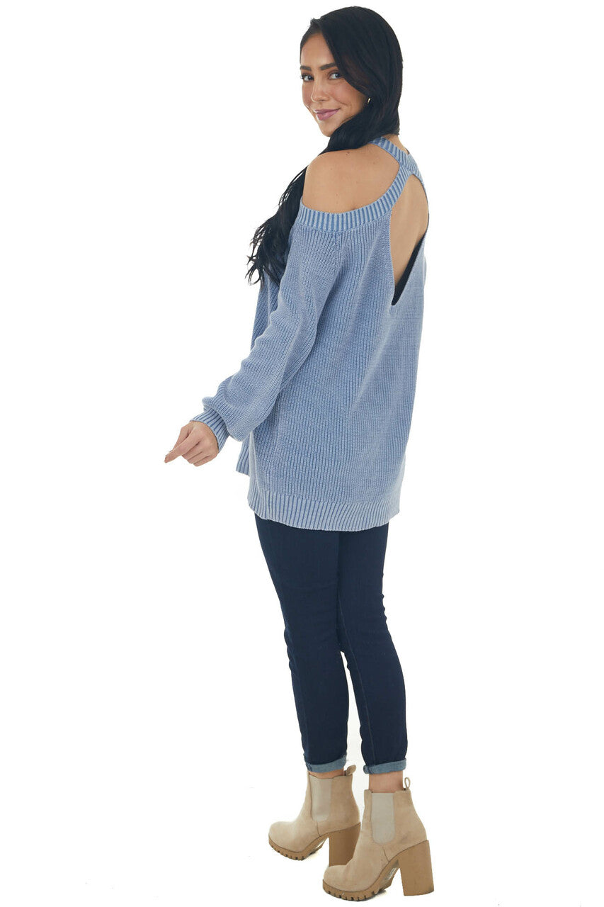 Hazy Blue Mineral Washed Cold Shoulder Sweater