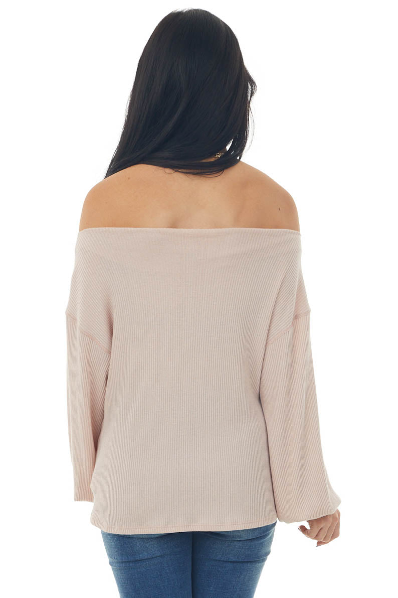 Hazy Blush Off Shoulder Light Ribbed Knit Top