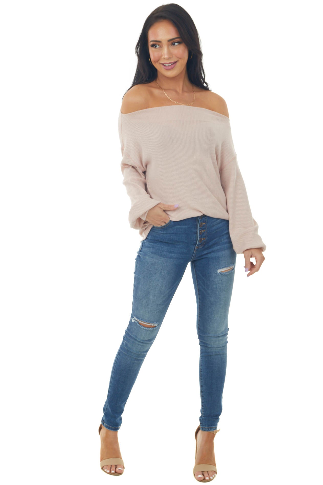 Hazy Blush Off Shoulder Light Ribbed Knit Top