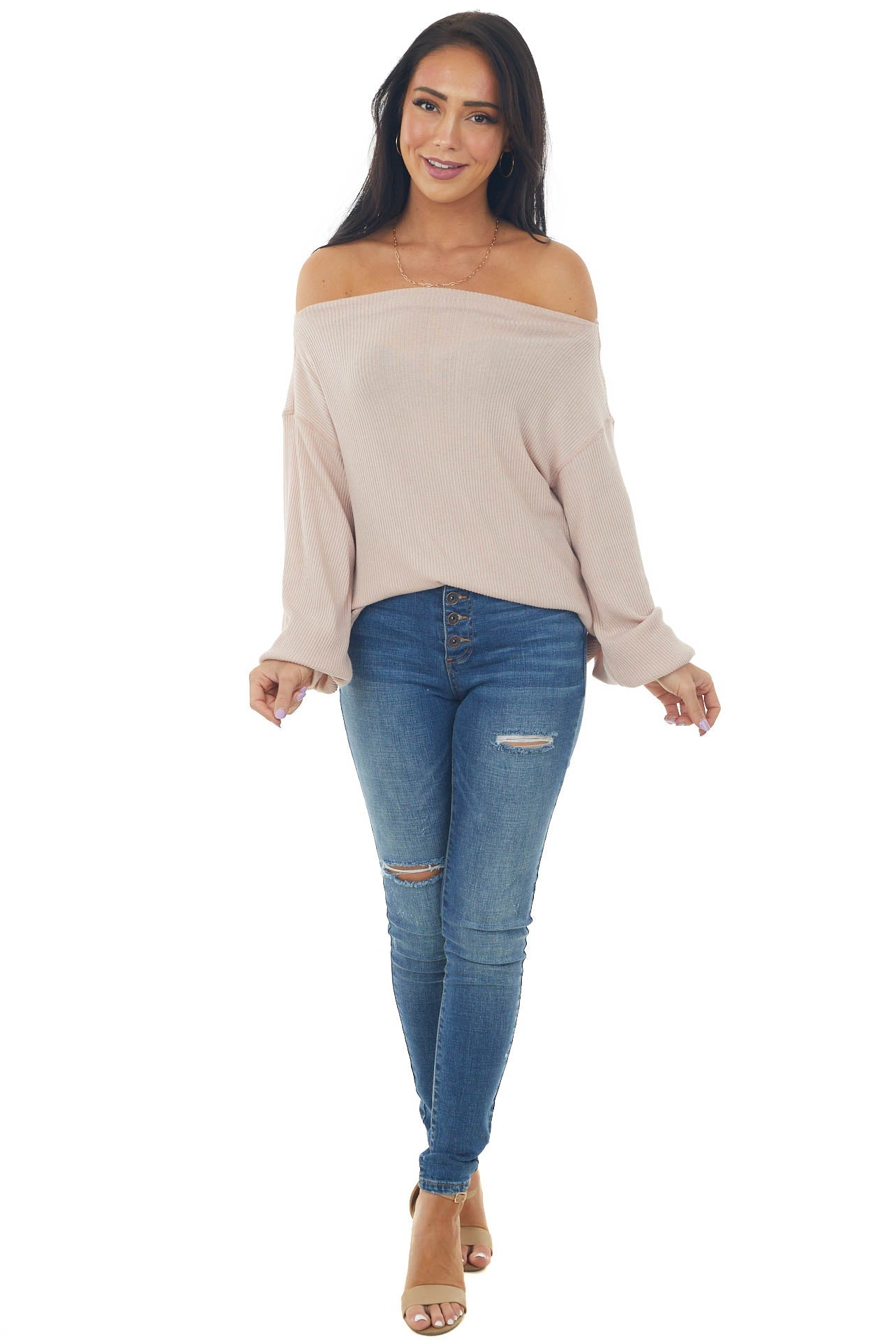 Hazy Blush Off Shoulder Light Ribbed Knit Top
