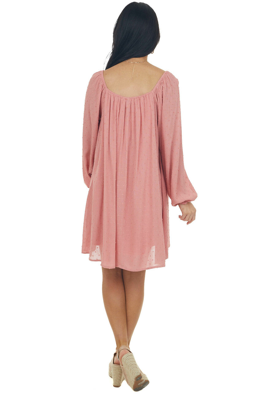 Hazy Coral Swiss Dot Square Neck Flowy Dress