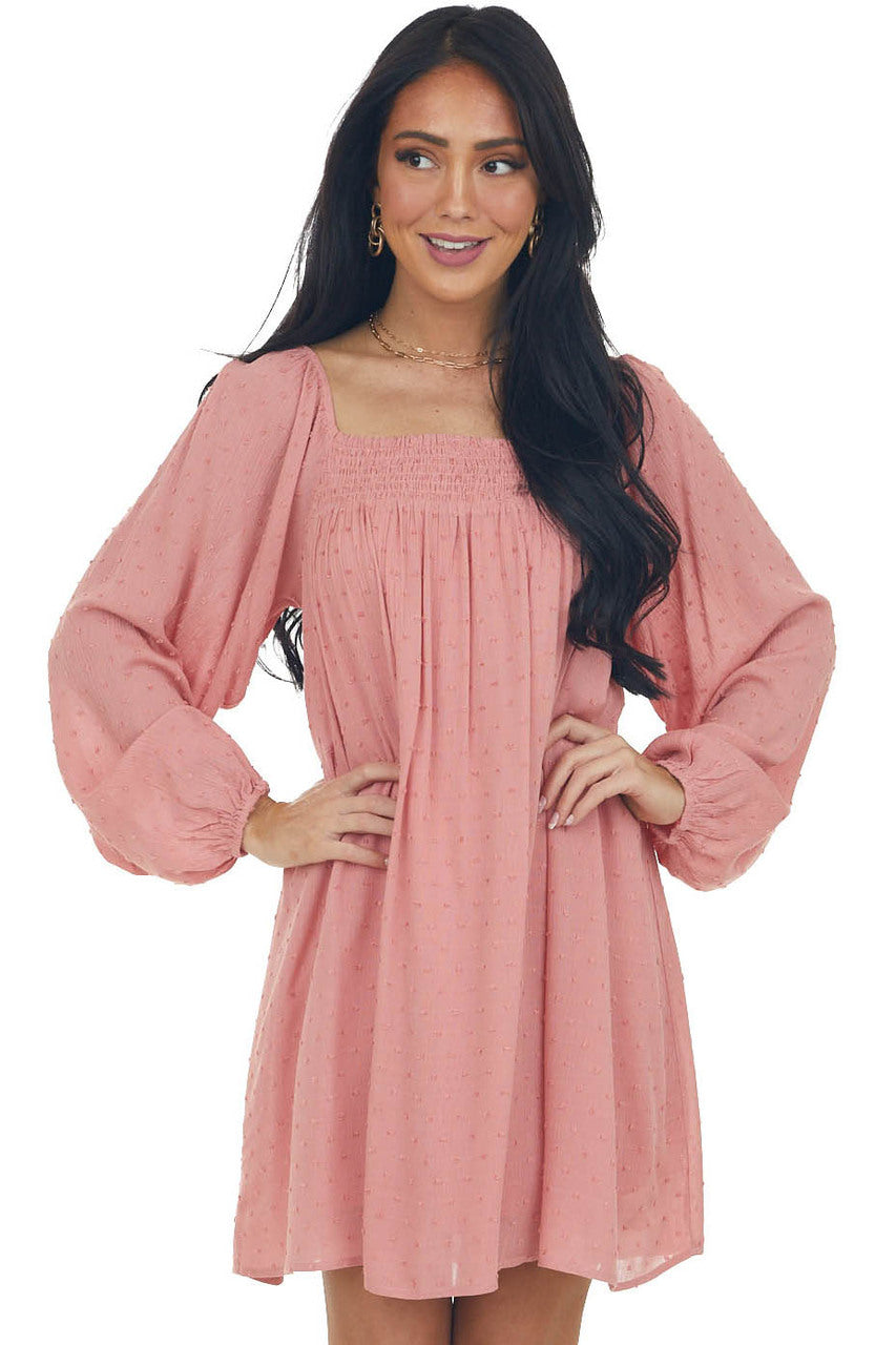 Hazy Coral Swiss Dot Square Neck Flowy Dress