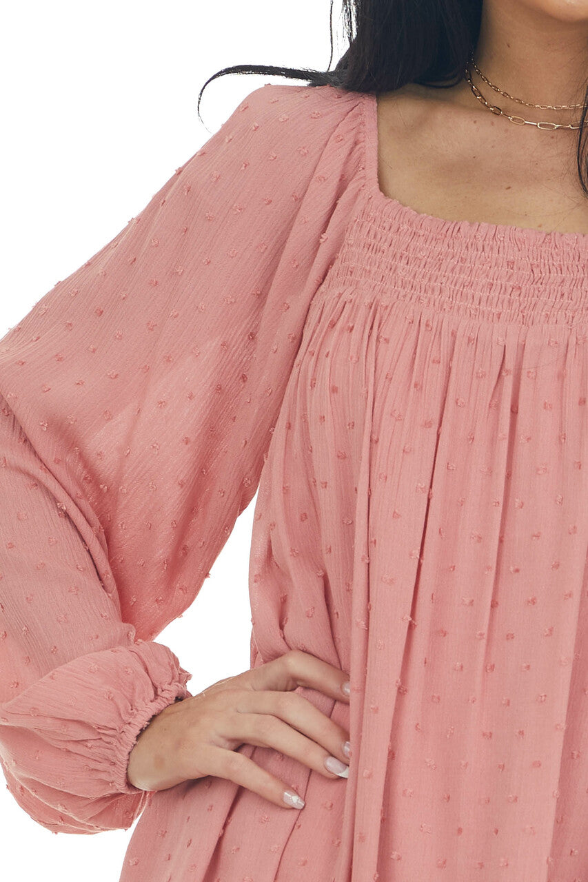 Hazy Coral Swiss Dot Square Neck Flowy Dress