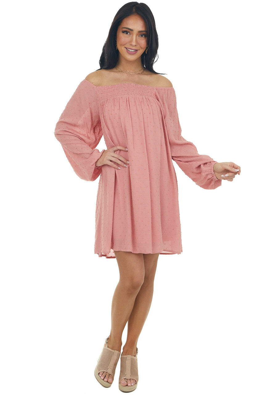 Hazy Coral Swiss Dot Square Neck Flowy Dress