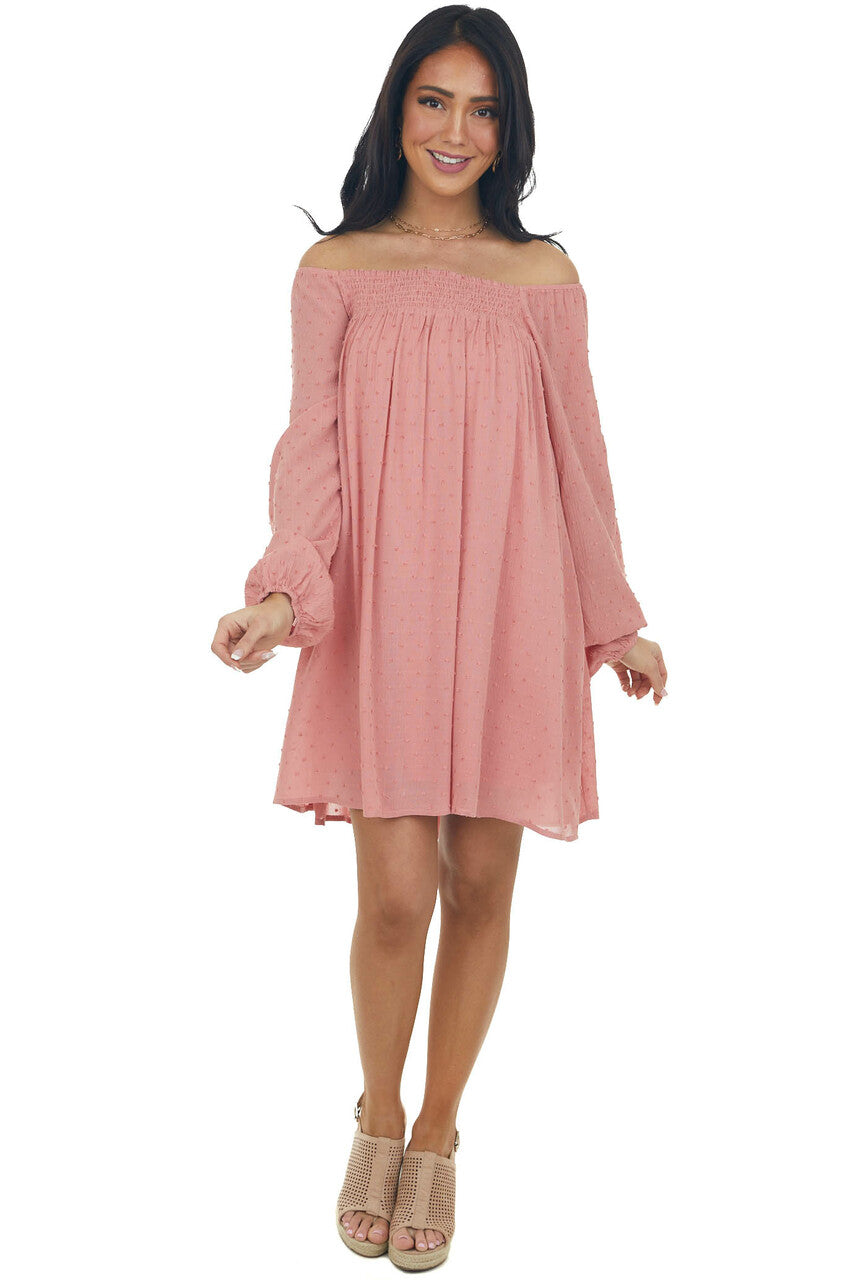 Hazy Coral Swiss Dot Square Neck Flowy Dress