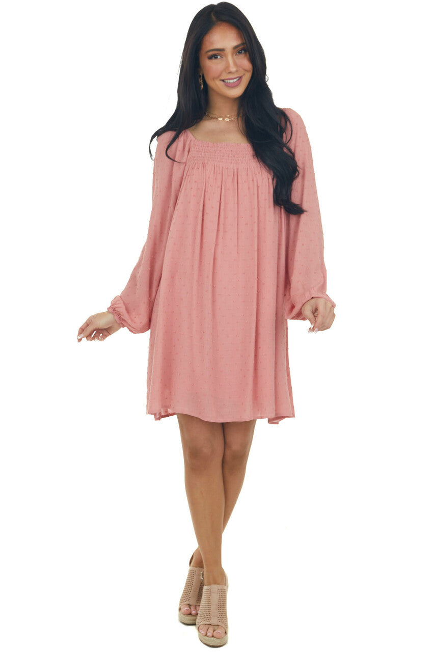Hazy Coral Swiss Dot Square Neck Flowy Dress