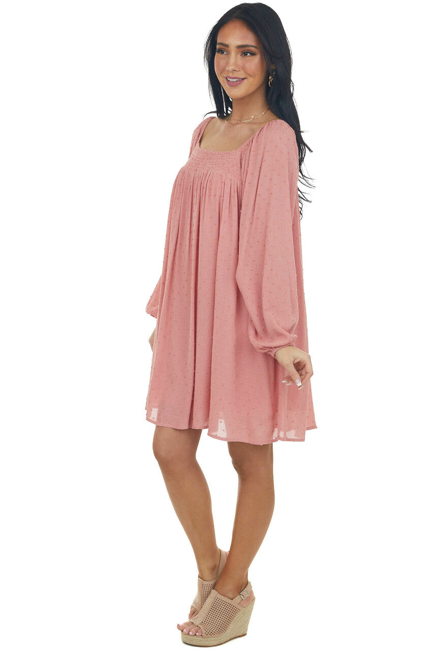 Hazy Coral Swiss Dot Square Neck Flowy Dress
